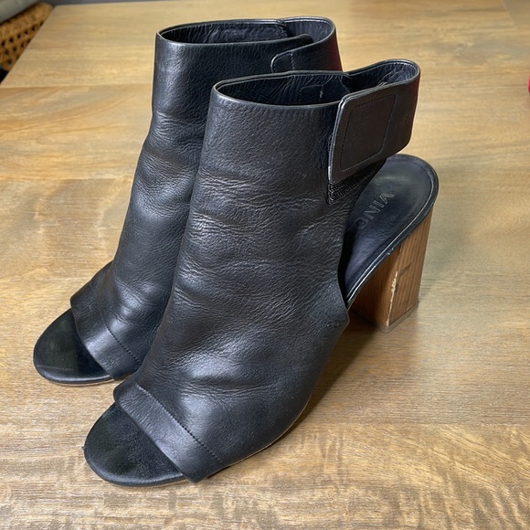 Vince. Black Leather Faye Peep Toe Heeled Booties - Picture 3 of 11